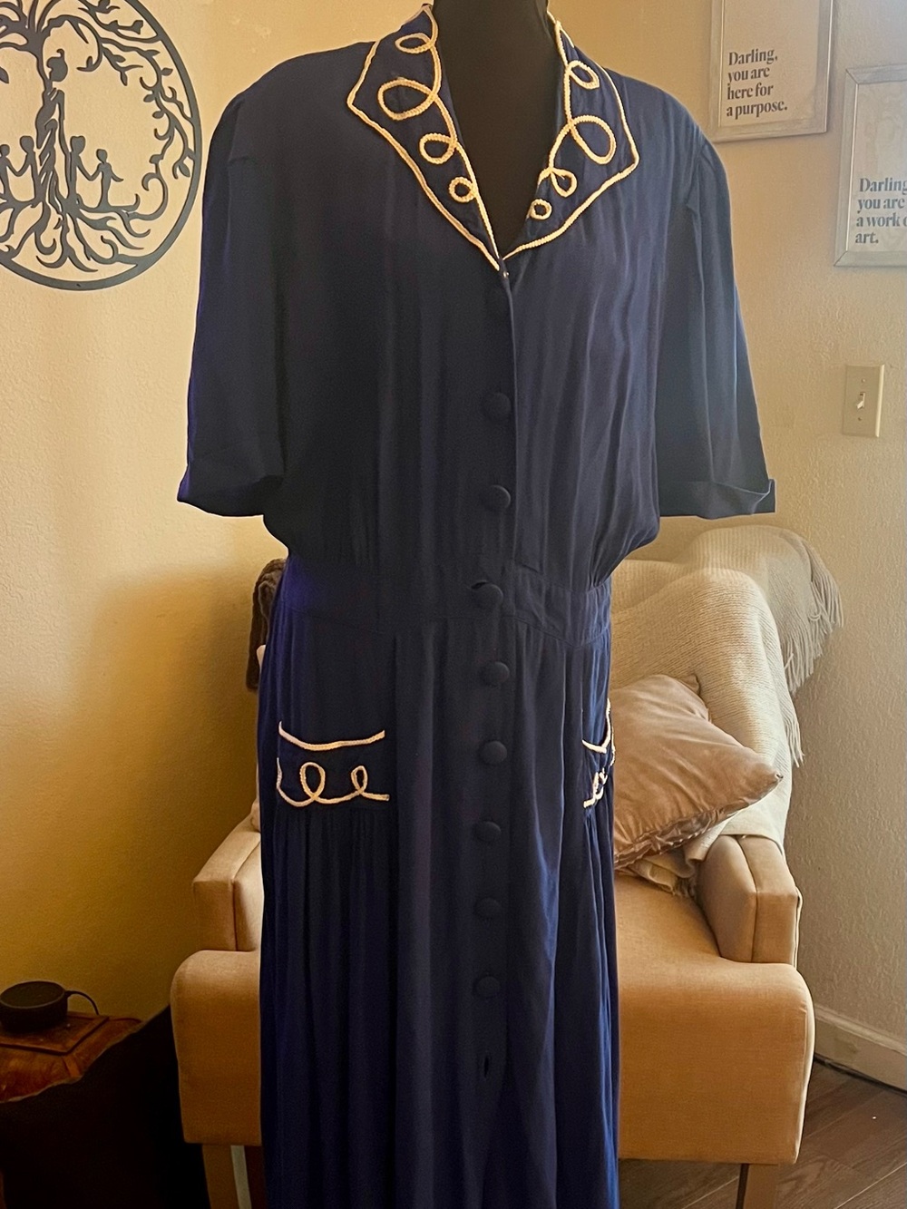 Vintage Woman’s Navy Blue Button-Front Women's Dress with Cream Trim
